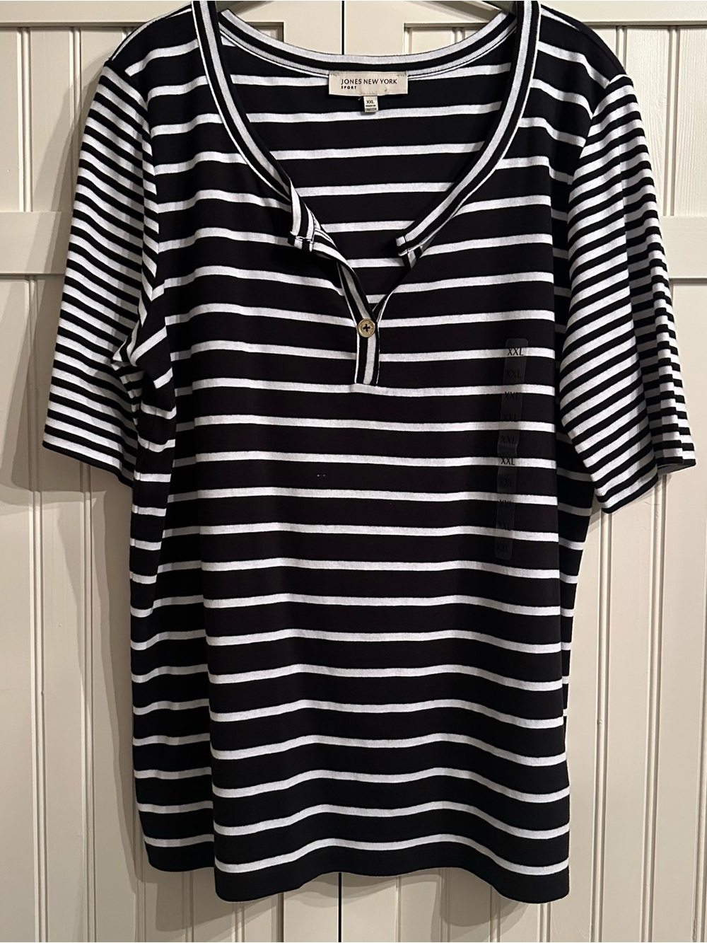 Jones New York Black and White Striped Henley Blouse 100% Cotton Size XXL